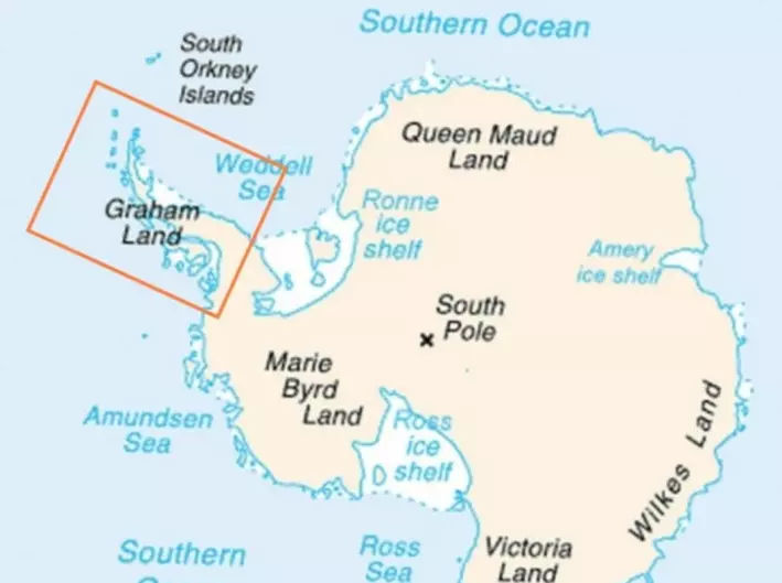 Antarktishalvøya er merket med en firkant. Sørpolen er merket med et kryss.