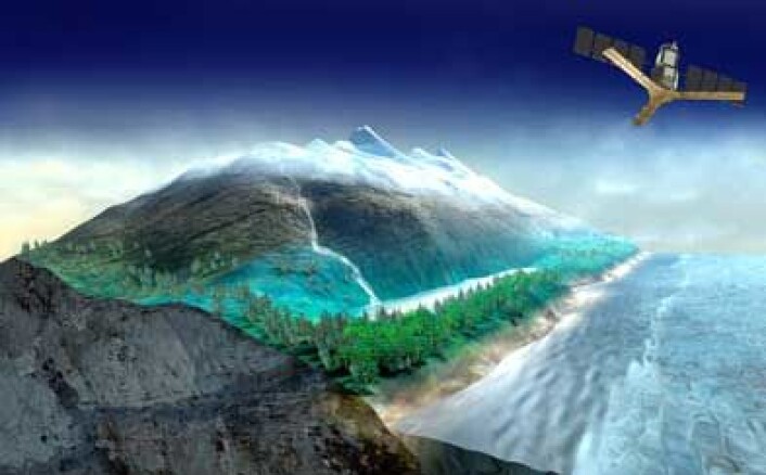 ESAs Earth Explorer SMOS måler fuktigheten i jordsmonnet og saltholdigheten i havoverflaten. Illustrasjon: ESA ESAs Earth Explorer SMOS måler fuktigheten i jordsmonnet og saltholdigheten i havoverflaten. Illustrasjon: ESA