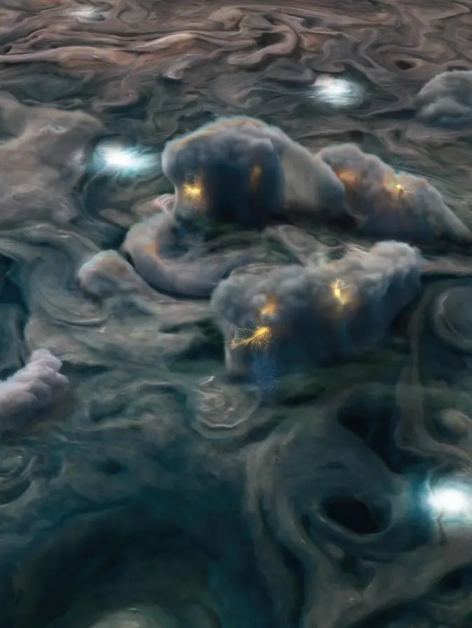 En illustrasjon av de stormfulle skyene i Jupiters atmosfære. Atmosfæren består først og fremst av hydrogen og helium, og 0,1 prosent vanndamp. En illustrasjon av de stormfulle skyene i Jupiters atmosfære. Atmosfæren består først og fremst av hydrogen og helium, og 0,1 prosent vanndamp.