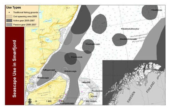 Eksempel på kartlegging av gyteplasser og områder som brukes til fiske i en del av Porsangerfjorden. (Ill: Fávllis-prosjektet) Eksempel på kartlegging av gyteplasser og områder som brukes til fiske i en del av Porsangerfjorden. (Ill: Fávllis-prosjektet)