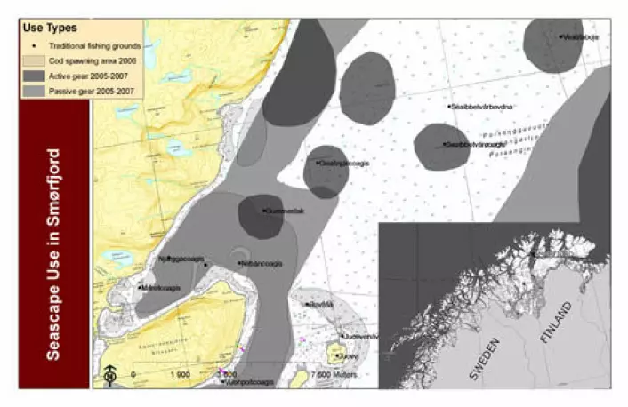 Eksempel på kartlegging av gyteplasser og områder som brukes til fiske i en del av Porsangerfjorden. (Ill: Fávllis-prosjektet)