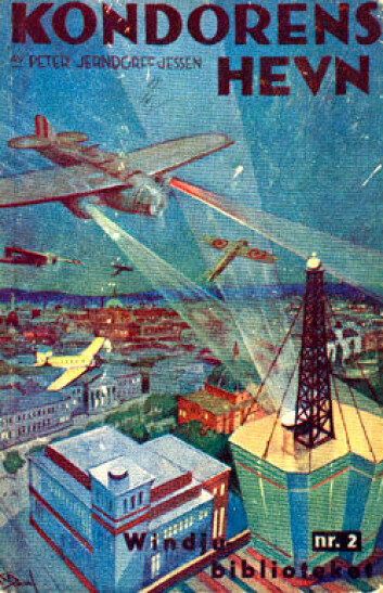 "Framtidas Oslo på omslaget til Kondorens Hevn av Petter Jerndorff-Jessen fra 1935. Mellom permene må ingeniør Rolf Wilde klare brasene i en futuristisk 1970-tallsverden. Legg merke til Nasjonalteateret, universitetet og Karl Johans gate i bakgrunnen. Windju Simonsen forlag." "Framtidas Oslo på omslaget til Kondorens Hevn av Petter Jerndorff-Jessen fra 1935. Mellom permene må ingeniør Rolf Wilde klare brasene i en futuristisk 1970-tallsverden. Legg merke til Nasjonalteateret, universitetet og Karl Johans gate i bakgrunnen. Windju Simonsen forlag."