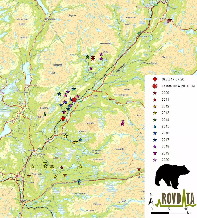 Kartet viser områdene til den eldste bjørnen, også kalt nt46. Binna ble registrert første gang sommeren 2009, og ble sett alle år, bortsett fra 2010, før den ble felt i fjor.