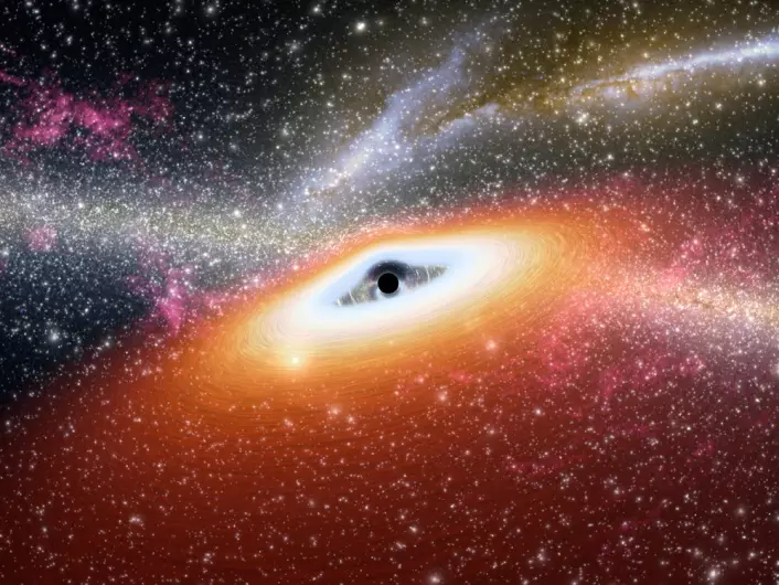 Slik forestiller forskerne seg at et svart hull med tilhørende kvasar kan se ut. (Illustrasjon: NASA/JPL-Caltech)