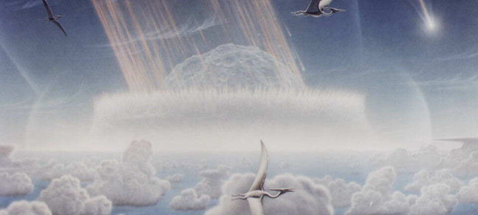 Kunstnerisk framstilling av KT-utryddelsen for rundt 65 millioner år siden, her i form av asteroideteorien. (Illustrasjon: Don Davis, NASA)