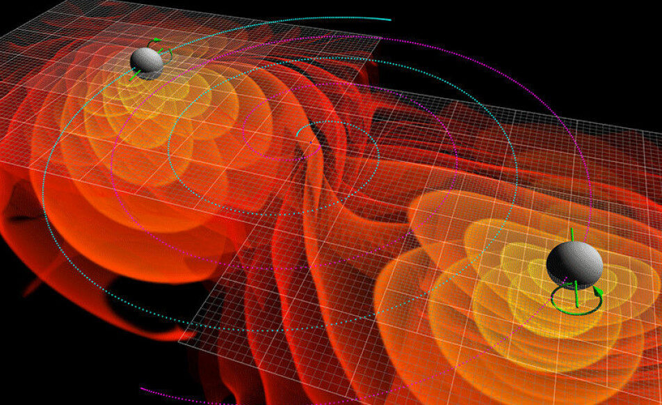 En illustrasjon av to svarte hull som er på vei mot å sirkle inn i hverandre mens de lager gravitasjonsbølger i rommet.