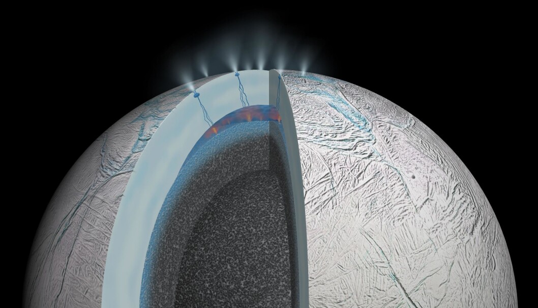 Slik kan innsiden av Enceladus se ut, hvis det er vulkansk aktivitet på havbunnen. Slik kan innsiden av Enceladus se ut, hvis det er vulkansk aktivitet på havbunnen.