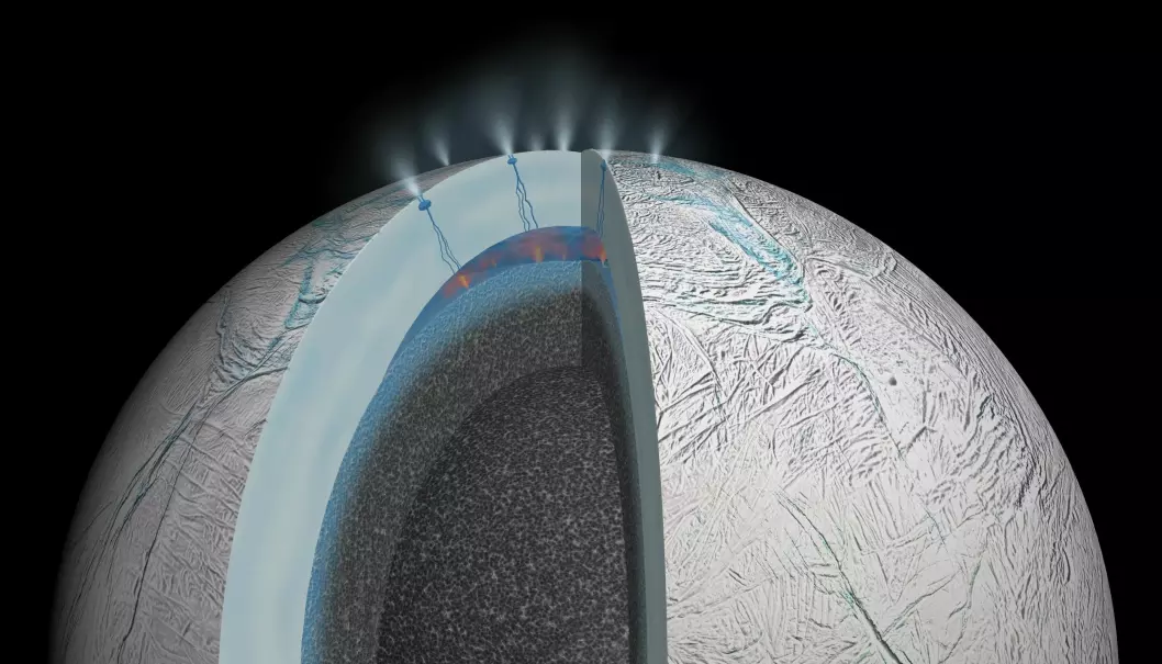 Slik kan innsiden av Enceladus se ut, hvis det er vulkansk aktivitet på havbunnen.