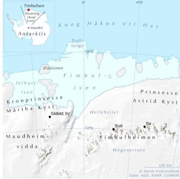 Fimbulisen er like stor som Nordland fylke, og ligger i det norske krav området i Antarktis. Troll er den norske forskningsstasjonen som ligger på fast fjell 1200 m.o.h. i Fimbulheimen. (Kart: Norsk Polarinstitutt). Fimbulisen er like stor som Nordland fylke, og ligger i det norske krav området i Antarktis. Troll er den norske forskningsstasjonen som ligger på fast fjell 1200 m.o.h. i Fimbulheimen. (Kart: Norsk Polarinstitutt).
