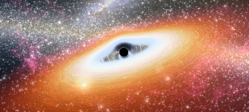 Slik forestiller forskerne seg at et svart hull med tilhørende kvasar kan se ut. (Illustrasjon: NASA/JPL-Caltech)