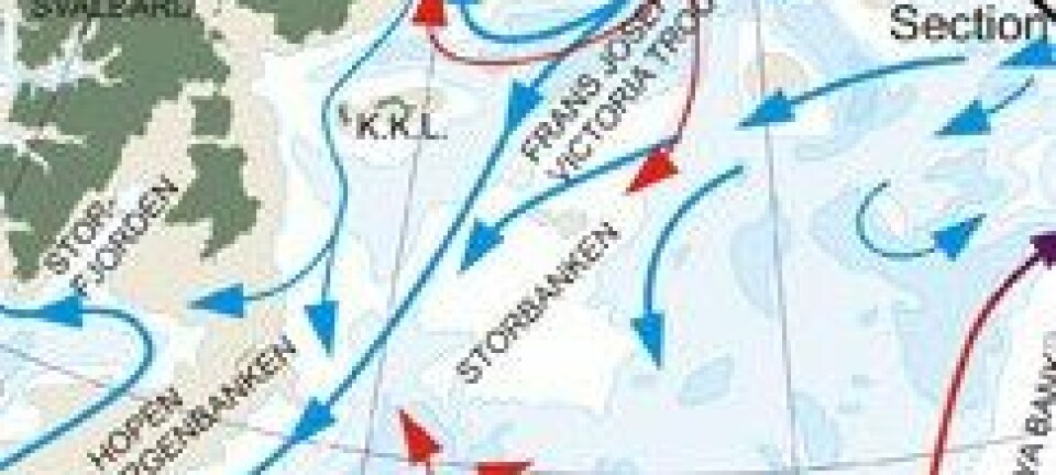 Den svarte streken mellom Frans Josef Land og Novaja Selja viser hvor strømriggene var satt ut. De røde og blå pilene viser varme og kalde havstrømmer. (Kart: Gammelsrød og Cleveland)
