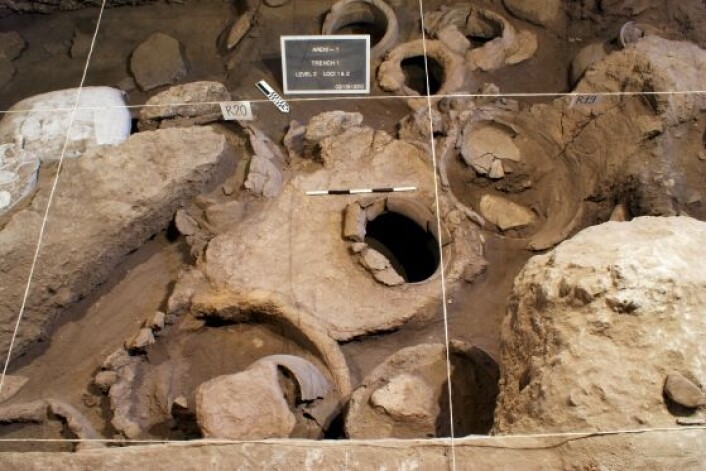 Vinpressen sett på nært hold, med gjæringskaret til høyre for pressen der vinen ble lagret for fermentering. Foto: Gregory Areshian, UCLA. Vinpressen sett på nært hold, med gjæringskaret til høyre for pressen der vinen ble lagret for fermentering. Foto: Gregory Areshian, UCLA.