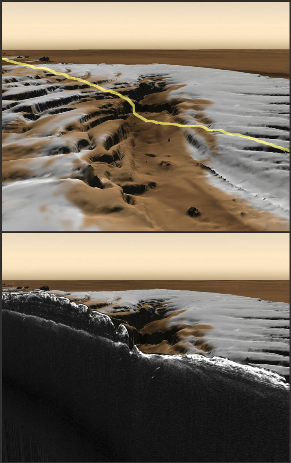 Øverst: Nordpolkalotten på Mars, sett oppover langs Chasma Boreale. Den gule linja viser hvor radarmålingen fra Lunar Reconnaissance Orbiter ble gjort. Nederst: Samme landskap gjennomskåret langs linjen, slik at lagene under overflaten vises, slik de ble avslørt av radaren. (Figurer: NASA/Caltech/JPL/E. DeJong/J. Craig/M. Stetson)