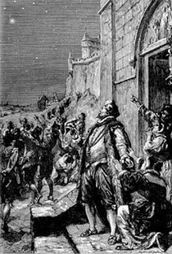 "Tyco Brahe oppdager den nye stjernen. Illustrasjon fra en lærebok i astronomi fra 1884." "Tyco Brahe oppdager den nye stjernen. Illustrasjon fra en lærebok i astronomi fra 1884."