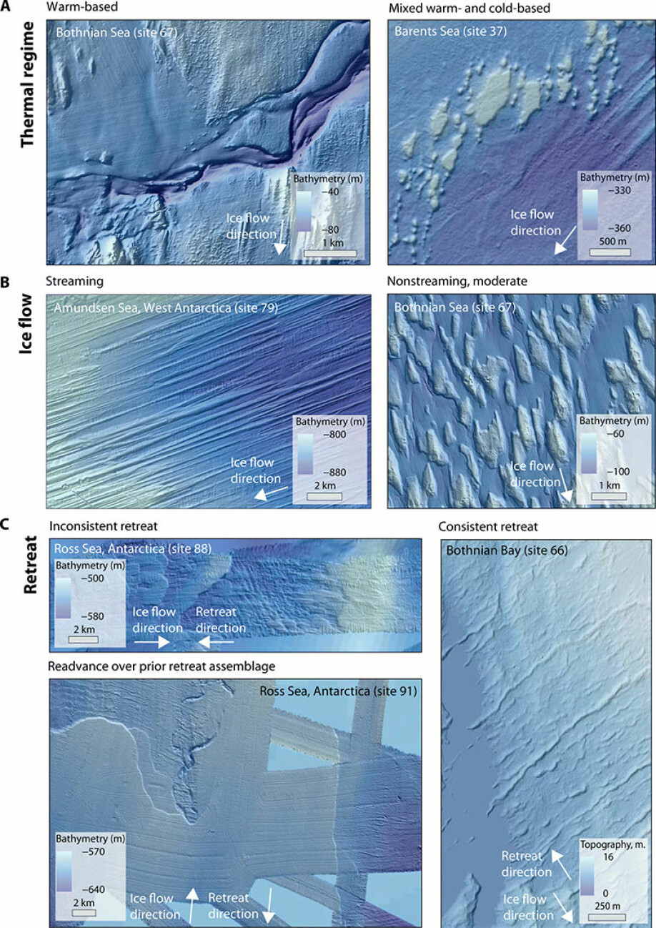 Landformer som reagerer på ulike temperaturforhold ved bresålen og på isbevegelsene. Eksemplene er fra tidligere isdekkede kontinentalsokler.