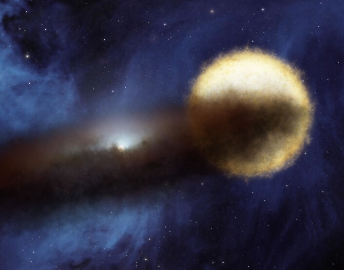 "Illustrasjonen viser dobbelstjerna Epsilon Aurigae, hvor den minste av stjernene er omgitt av en enorm men svært tynn støvsky. (Illustrasjon: NASA/JPL-Caltech)" "Illustrasjonen viser dobbelstjerna Epsilon Aurigae, hvor den minste av stjernene er omgitt av en enorm men svært tynn støvsky. (Illustrasjon: NASA/JPL-Caltech)"