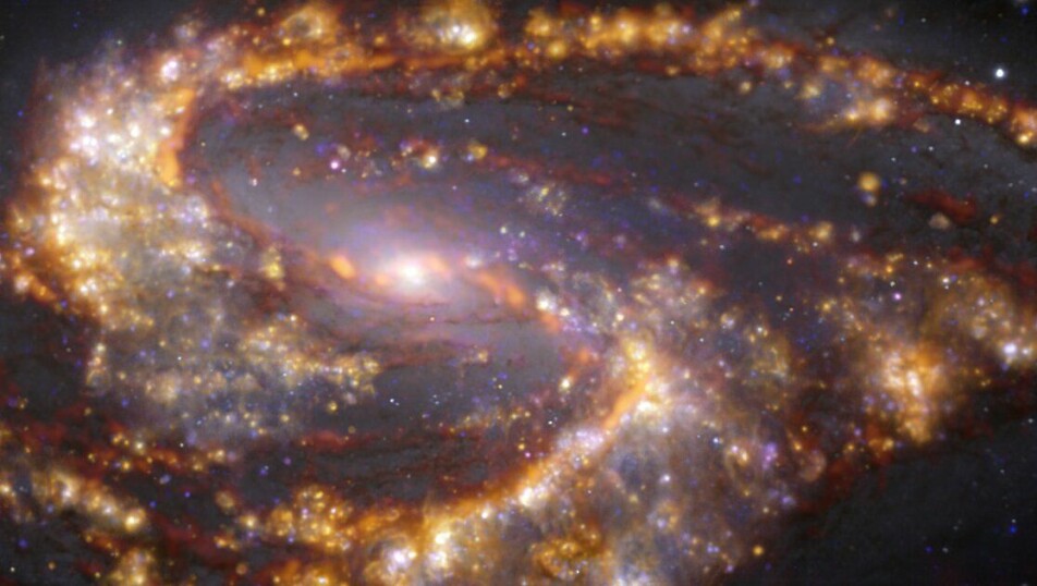 Galaksen NGC 3627, 31 millioner lysår fra jorden. Her er bildene fra ALMA og VLT kombinert.