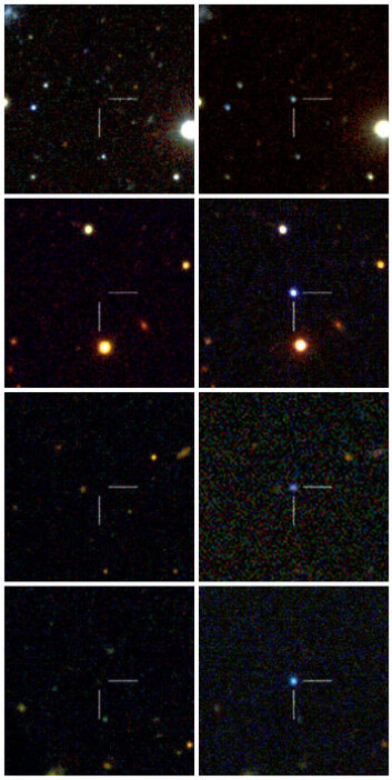 Fire av supernovaene, før og etter eksplosjonene. (Foto: Caltech/Robert Quimby/Nature) Fire av supernovaene, før og etter eksplosjonene. (Foto: Caltech/Robert Quimby/Nature)
