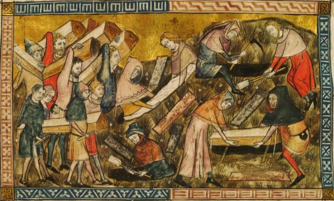 Kunstneren Pierart dou Tielt (1340-1360) levde i Europa da svartedauden rammet. Her har han malt innbyggerne i byen Tournai, mens de begraver de døde. Kunstneren Pierart dou Tielt (1340-1360) levde i Europa da svartedauden rammet. Her har han malt innbyggerne i byen Tournai, mens de begraver de døde.