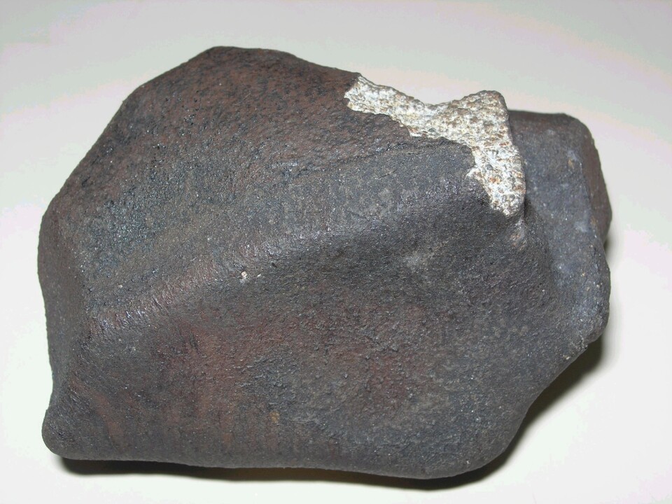 Et eksempel på et meteoritt-fragment som overlevde turen ned til jordoverflaten. Denne veier noen hundre gram og ble funnet i Brasil på 1970-tallet.
