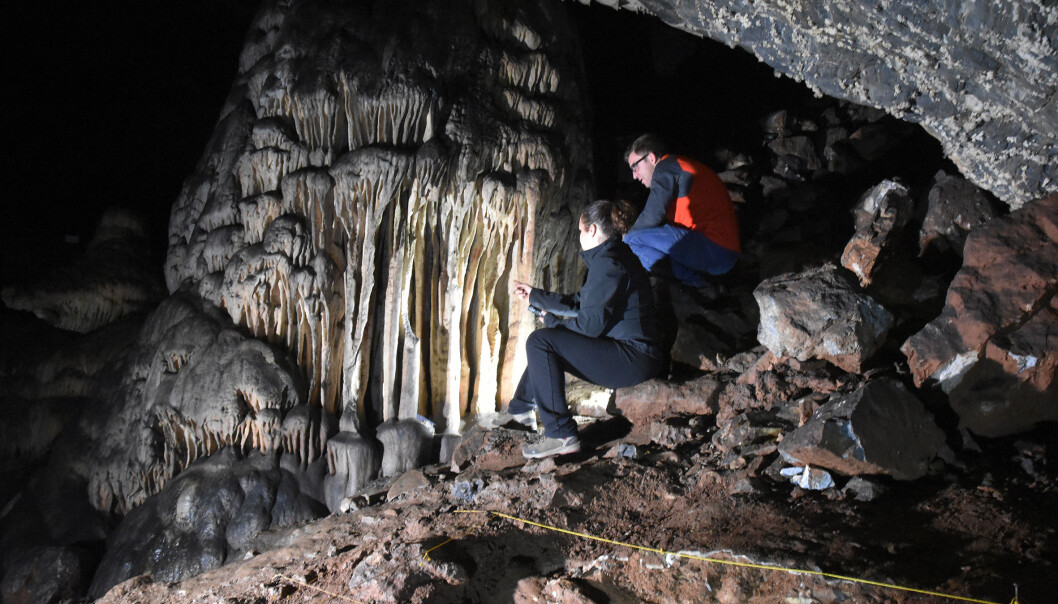 Forskerne ser på den rødmalte formasjonen i Cueva de Ardales i Spania. Forskerne ser på den rødmalte formasjonen i Cueva de Ardales i Spania.