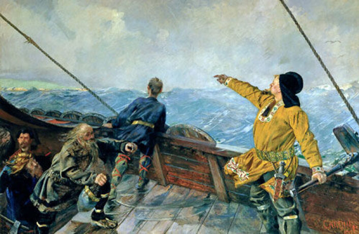 Islandsk genstudie gir funn som kan forklares med at indianere har fått barn på Island etter å ha blitt bragt dit av norrøne sjøfare. Bildet er Christian Kroghs maleri "Leiv Eiriksson oppdager Amerika". (Illustrasjon: Wikipedia Commons) Islandsk genstudie gir funn som kan forklares med at indianere har fått barn på Island etter å ha blitt bragt dit av norrøne sjøfare. Bildet er Christian Kroghs maleri "Leiv Eiriksson oppdager Amerika". (Illustrasjon: Wikipedia Commons)
