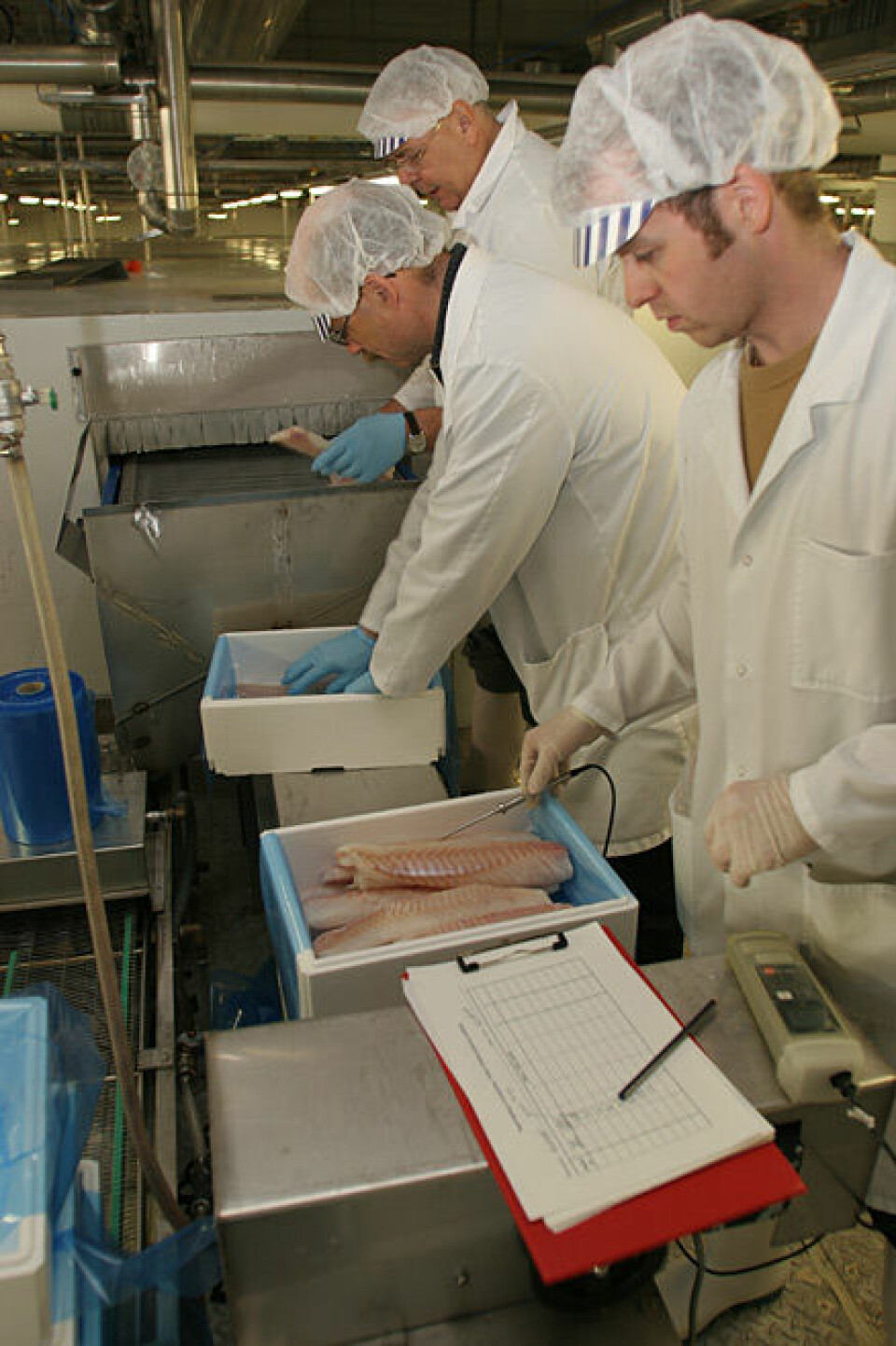 'Produksjon av superkjølt filet ved Aker Seafoods anlegg i Hammerfest. Forsker Torbjørn Tobiassen (nærmest) registrerer og loggfører temperatur i fileten.'