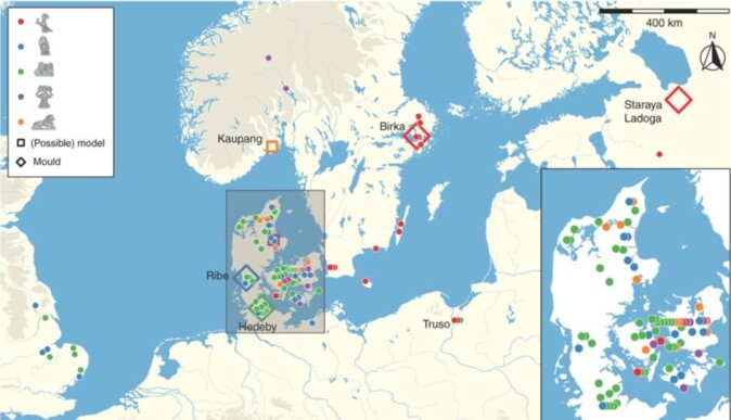 Kart over like amulettfunn fra Nord-Europa og hvor de er funnet. Kart over like amulettfunn fra Nord-Europa og hvor de er funnet.