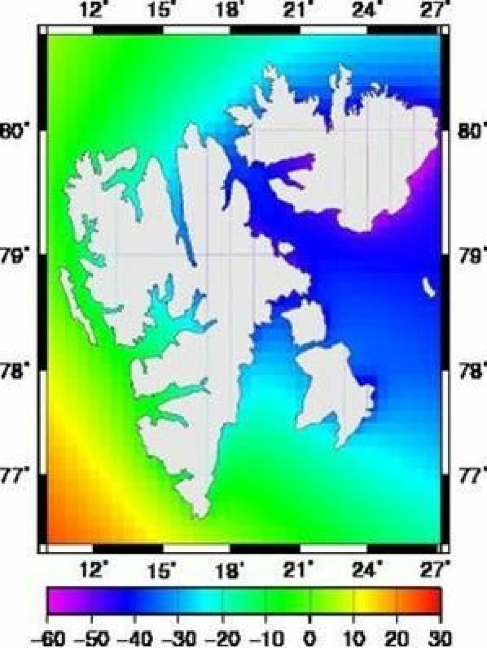 Figuren viser havnivået rundt Svalbard om hundre år. Havnivået er angitt i centimeter i forhold til dagens nivå. Der landet stiger raskest vil havet synke mest. På vestkysten av Svalbard vil hav og land stige omtrent like mye og endringene er derfor små. (Statens kartverk)