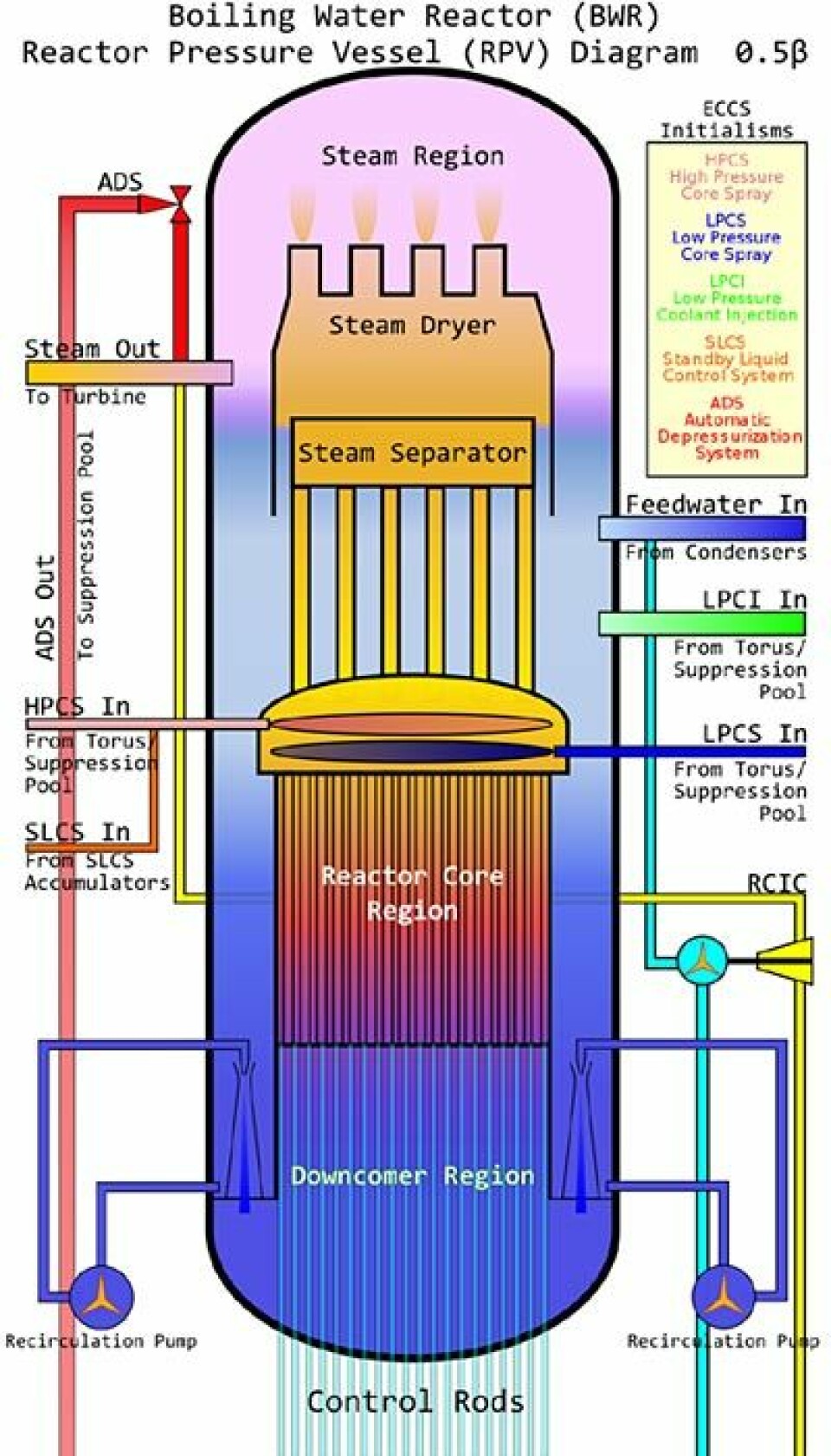 Reaktorene i Fukushima bruker vann som kjølevæske. Dette er en prinsippskisse av en slik reaktortype. Klikk på forstørrelsesglass for større bilde! (Figur: David C. Synnott, Creative Commons, se lisens)