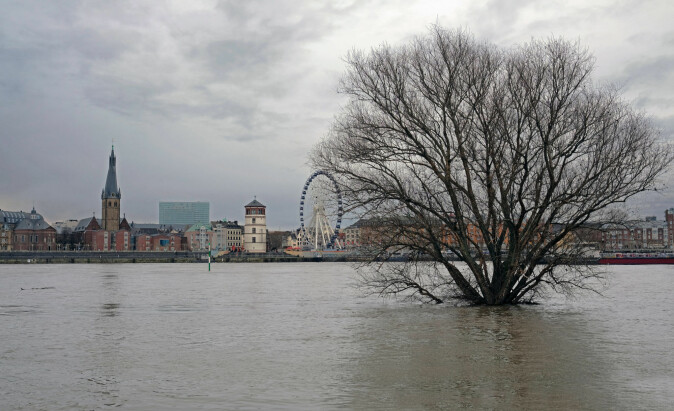 Climate change and extreme weather: flooded area in Düsseldorf, Germany.