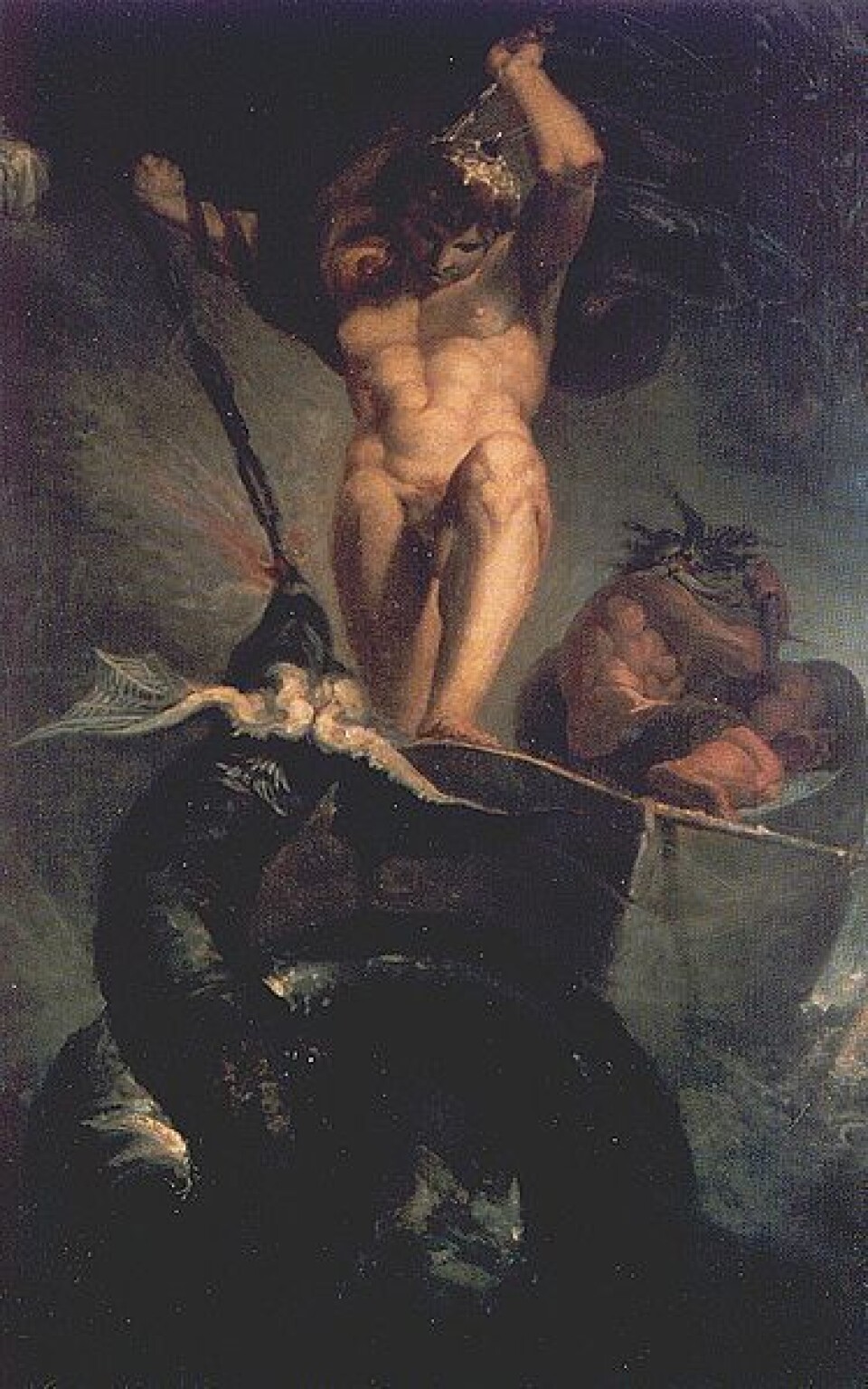 Tor slåss med Midgardsormen under Ragnarok. (Maleri: Johann Heinrich Füssli)