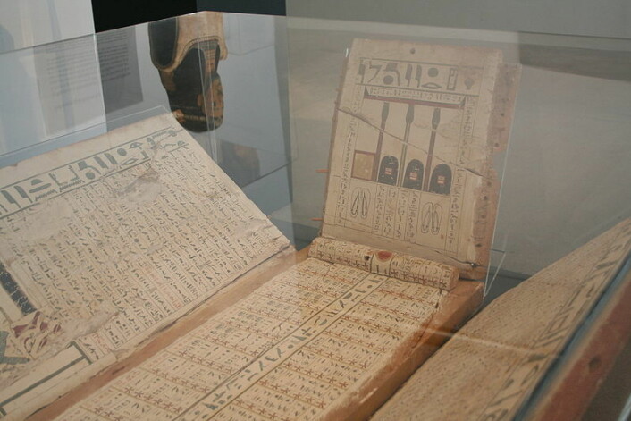 Innsiden av en trekiste med malte hieroglyfer. (Foto: Einsamer Schütze/Wikimedia Commons)