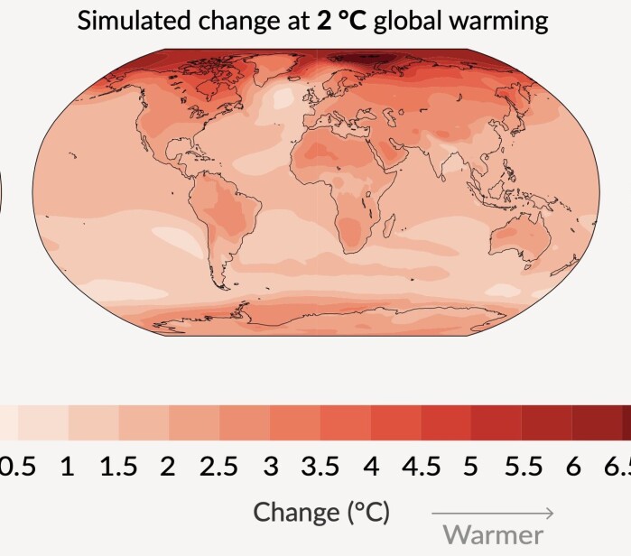 <span class=" font-weight-bold" data-lab-font_weight_desktop="font-weight-bold">Figur 1:</span> Forventet endring i overflatetemperatur ved 2 grader global oppvarming. (Fra den nye IPCC-rapporten) <span class=" font-weight-bold" data-lab-font_weight_desktop="font-weight-bold">Figur 1:</span> Forventet endring i overflatetemperatur ved 2 grader global oppvarming. (Fra den nye IPCC-rapporten)
