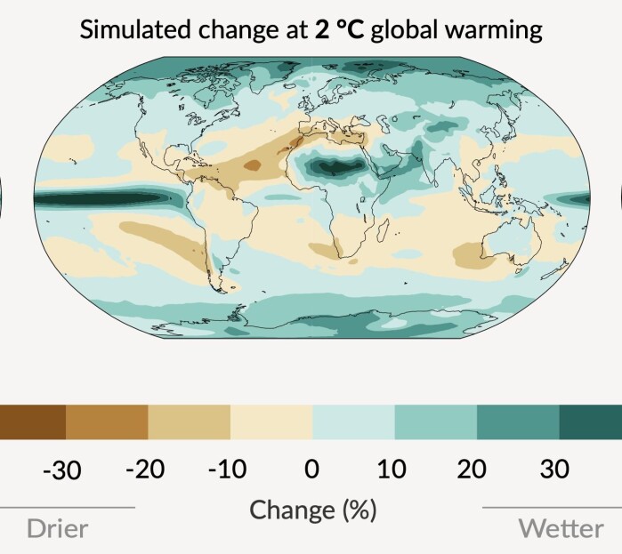 <span class=" font-weight-bold" data-lab-font_weight_desktop="font-weight-bold">Figur 2: </span>Forventet endring i årsnedbør ved 2 grader global oppvarming. (Fra den nye IPCC-rapporten) <span class=" font-weight-bold" data-lab-font_weight_desktop="font-weight-bold">Figur 2: </span>Forventet endring i årsnedbør ved 2 grader global oppvarming. (Fra den nye IPCC-rapporten)