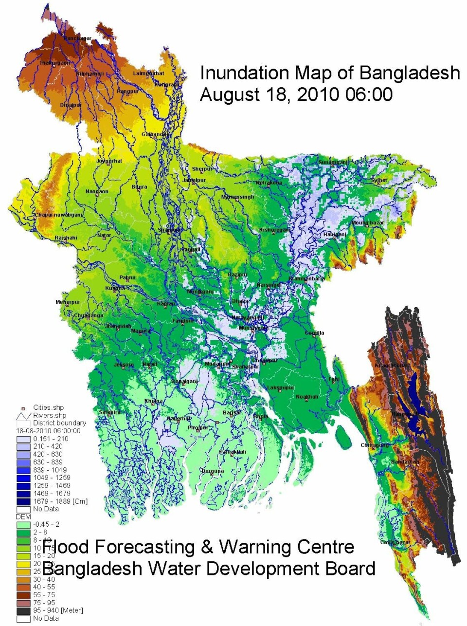 Oversvømmelseskart over Bangladesh. De blå områdene viser hvor oversvømmelsene er verst, men det er ifølge Jacob Høst-Madsen ikke noen katastrofe så lenge befolkningen er forberedt på at det vil skje. (Grafikk: ffwc.gov.bd)