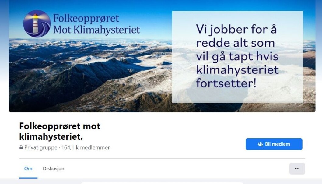 Den norske Facebook-gruppa «Folkeopprøret mot klimahysteriet» har mer enn 164 000 medlemmer. Den norske Facebook-gruppa «Folkeopprøret mot klimahysteriet» har mer enn 164 000 medlemmer.