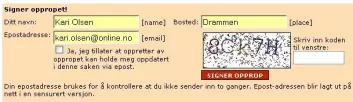Eksempel på nettsted som krever at man tyder en visuell anti-SPAM-kode for å kunne signere (www.opprop.no).