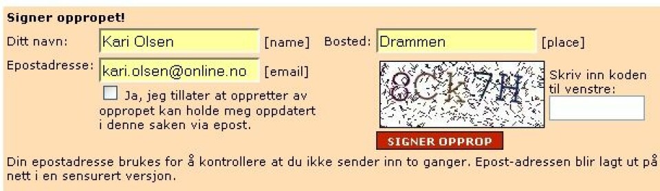 Eksempel på nettsted som krever at man tyder en visuell anti-SPAM-kode for å kunne signere (www.opprop.no).