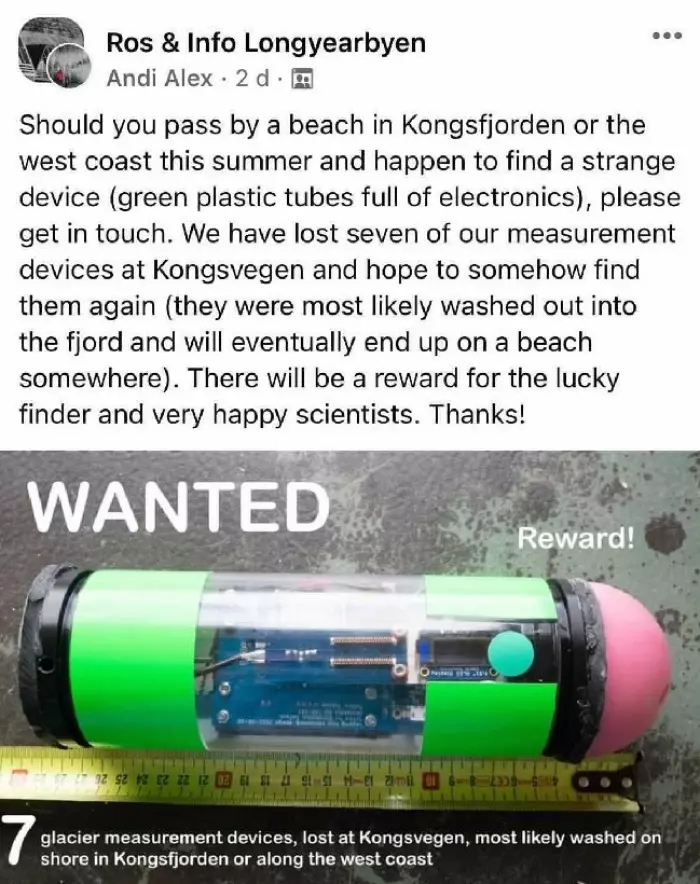 The glacier measurement devices were lost at Kongsvegen. Andreas Alexander is hoping someone will find it on a beach somewhere, and return it to the scientists…