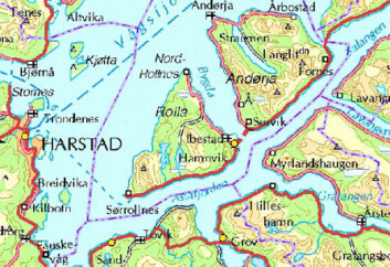 Kartet viser deler av Astafjordene i Sør-Troms. Kartet viser deler av Astafjordene i Sør-Troms.