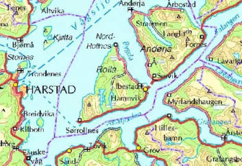 Kartet viser deler av Astafjordene i Sør-Troms.