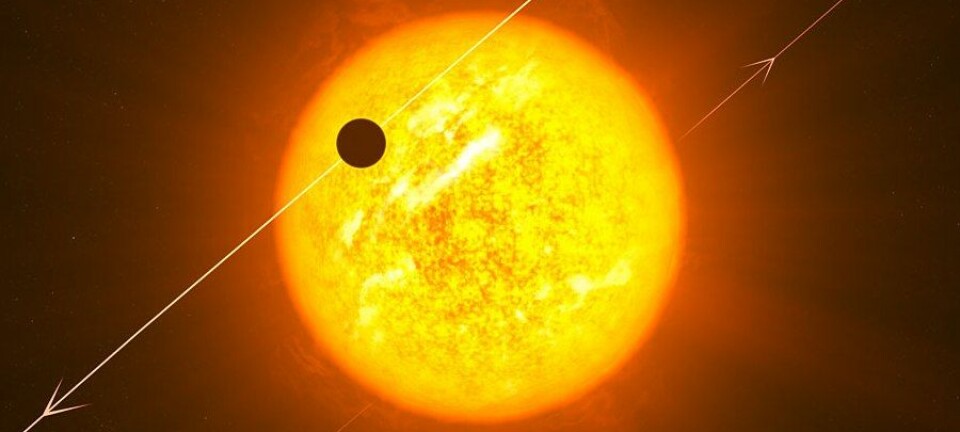 En av de nyoppdagede eksoplanetene, WASP-8b, kretser om stjernen i motsatt retning av stjernens rotasjonsretning – som det fremgår av denne tegningen. (Illustrasjon: ESO/L. Calçada)
