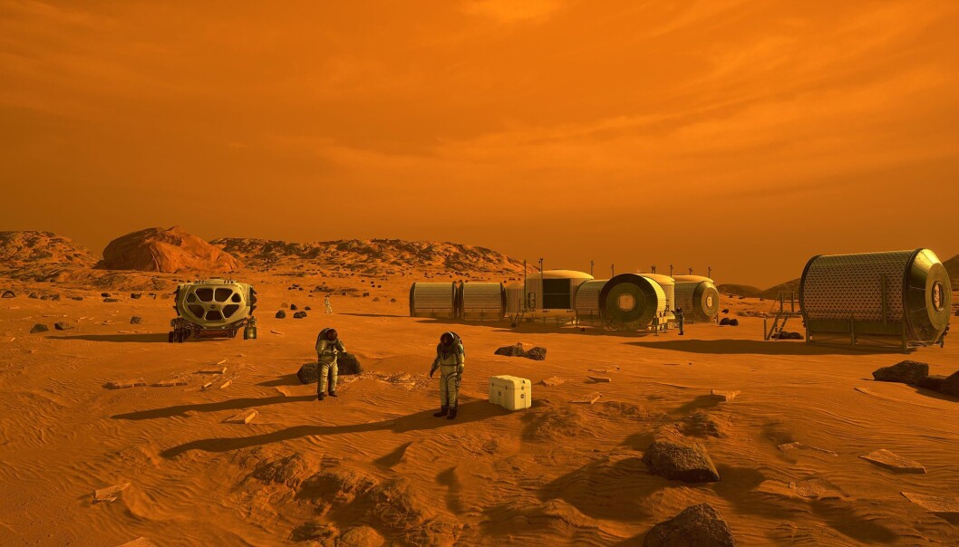 Slik kan det se ut når de første menneskene som lander på Mars. Men klarer de å komme seg dit uten å bli skadet av stråling fra sola og verdensrommet? Slik kan det se ut når de første menneskene som lander på Mars. Men klarer de å komme seg dit uten å bli skadet av stråling fra sola og verdensrommet?