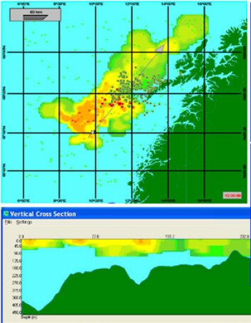 Et stort oljeutslipp i nærheten av Lofoten vil spre seg både på overflaten og nedover i vannmassene. (Illustrasjon: Sintef)