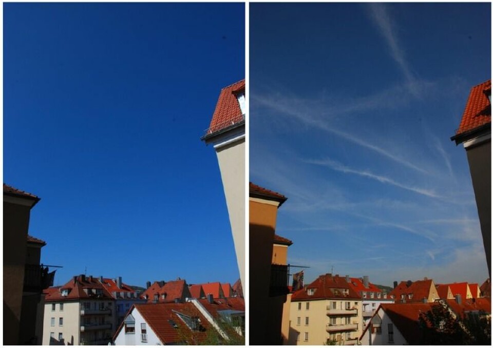 Kondensstriper kan danne et lag av cirrusskyer, som antydet her over Würzburg i Tyskland (Th.) Både kondensstriper og cirrusskyer fanger antagelig opp mer langbølget stråling på vei opp fra jorden enn solstråler på vei ned. På den måten bidrar de til et varmere klima på jorden. Bildet til venstre viser for øvrig himmelen over Würzburg da vulkanutbruddet på Island våren 2010 holdt tusenvis av fly på bakken. (Foto: Wikimedia Commons)