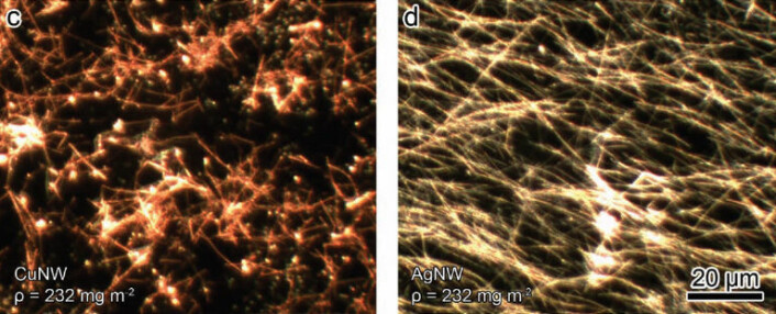 Mikroskopiene viser nanotråder av kobber (til venstre) og sølv (til høyre). Kobbertrådene hadde en tendens til å klumpe seg sammen, som bildet viser, men forskerne håper å kunne spre det jevnere på plastfilmen for å øke ledningsevnen. (Foto: Benjamin J. Wiley, Duke University)
