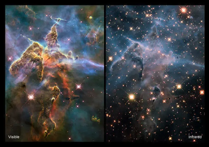 En stjernetåke sett i bølgelengder av synlig lys (til venstre) og infrarødt lys (til høyre). Hubble har mulighet for å ta bilder i infrarødt, men James Webb er optimistert for det og er 100 ganger kraftigere. En stjernetåke sett i bølgelengder av synlig lys (til venstre) og infrarødt lys (til høyre). Hubble har mulighet for å ta bilder i infrarødt, men James Webb er optimistert for det og er 100 ganger kraftigere.