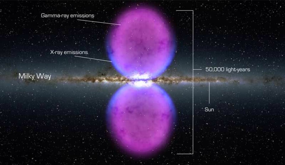 Disse to enorme boblene av gammastråling ble oppdaget av Fermi-romteleskopet i november 2010. De kan blant annet skyldes elektron-positronpar som dannen i enorme svarte hull og så utsletter hverandre. (Illustrasjon: NASA)