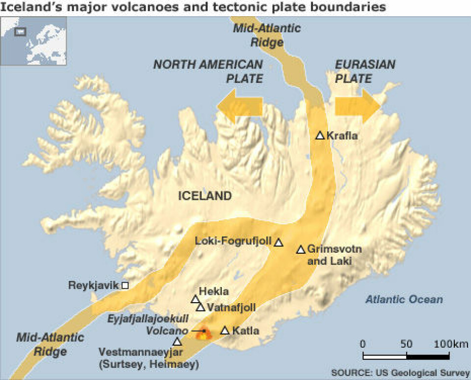 Island er plassert på toppen av den «midtatlantiske spredningsryggen», som er den sonen hvor den nordamerikanske og den eurasiske platen beveger seg bort fra hverandre. Under sørøstkysten tror norske forskere at det kan være rester av et kontinent. (Foto: (Illustrasjon: US Geological Survey))